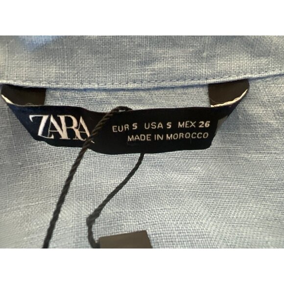 Zara Light Blue 100% Linen Button-Up Shirt With Roll Tab Sleeves & Front Pocket - Picture 4 of 5